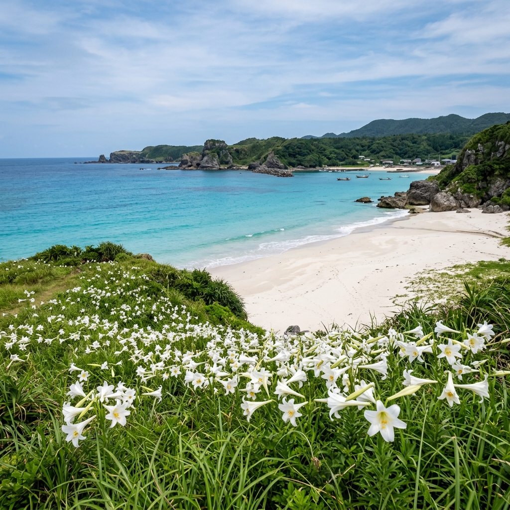 沖永良部島の美しい百合と海岸線